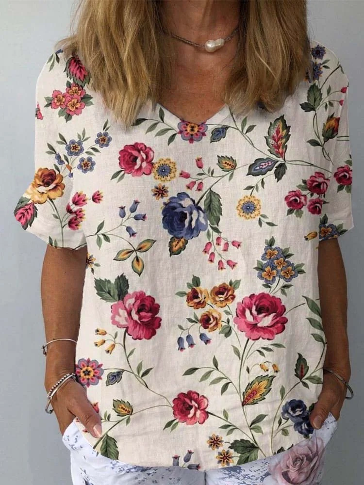 Womens Small Rose Floral Pattern Print Cotton And Linen Top