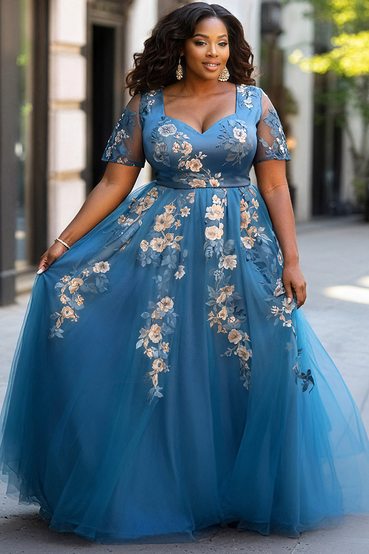 Xpluswear Design Plus Size Formal Blue Short Sleeve Floral Print Tulle Maxi Dresses [Pre-Order] 2024 - Xpluswear