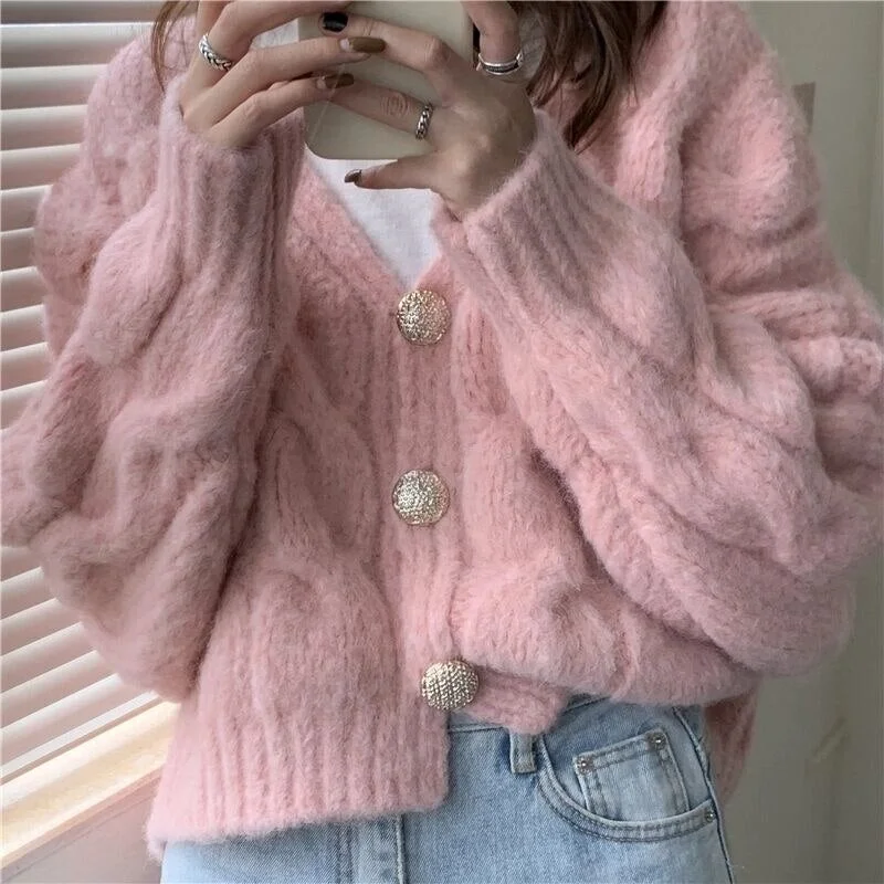 Syiwidii Cardigan Woman Criss-Cross Sweaters Autumn Winter 2021 New O Neck Button Up Jackets Loose Short Knitted Coats Pink Blue