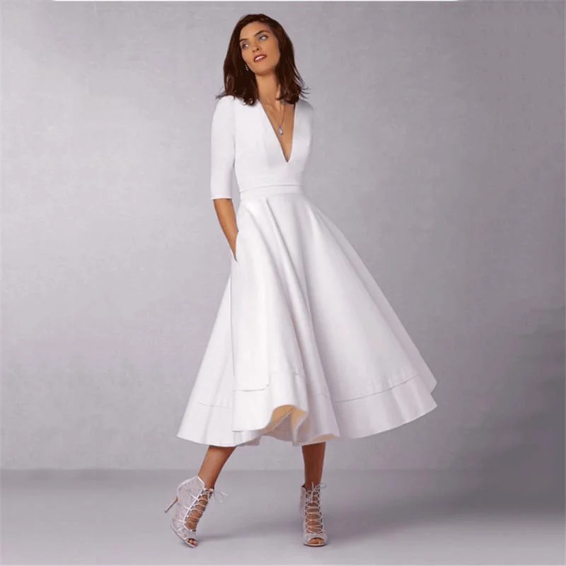 Aubrey - Simple and Elegant V-Neck Vintage Dress