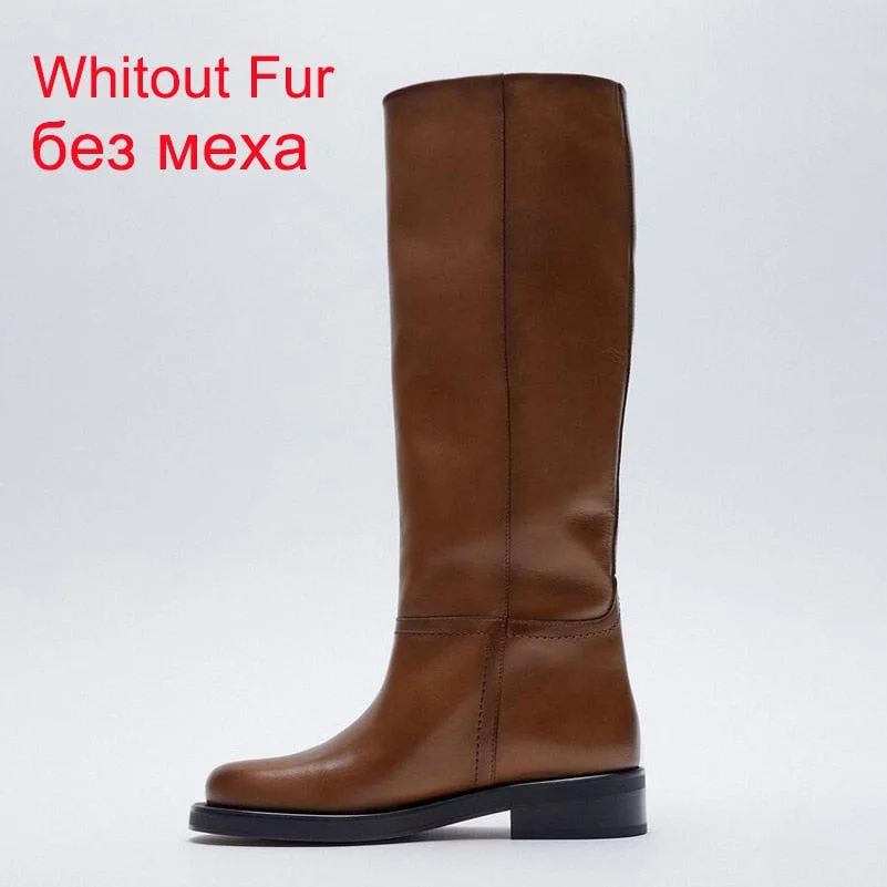 Meotina INS Women Genuine Leather Riding Boots Med Heel Round Toe Shoes Thick Heel Knee High Boots Lady Autumn Winter 42 Brown