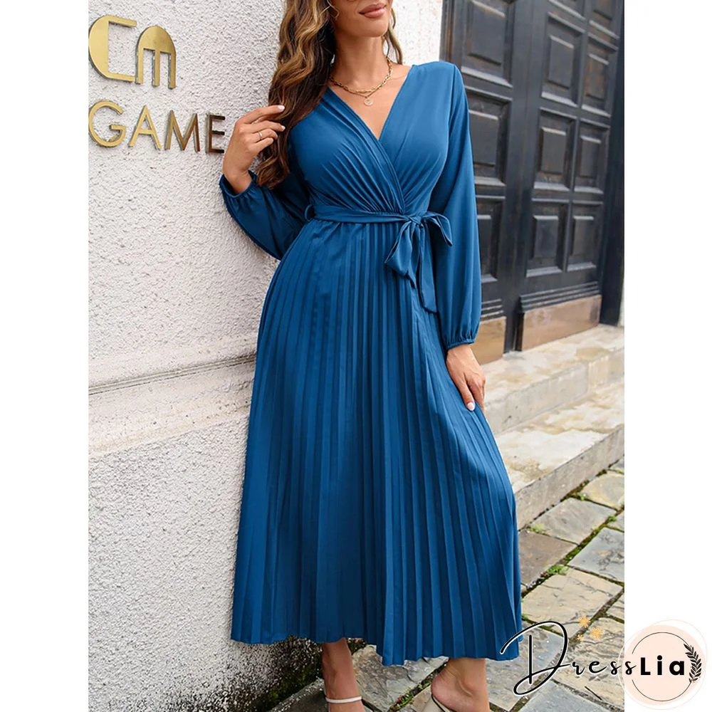 Elegant Long Sleeve Pleated Dress For Women Summer Dresses New Casual Lace-up Cross V-Neck Solid Swing Maxi Dress