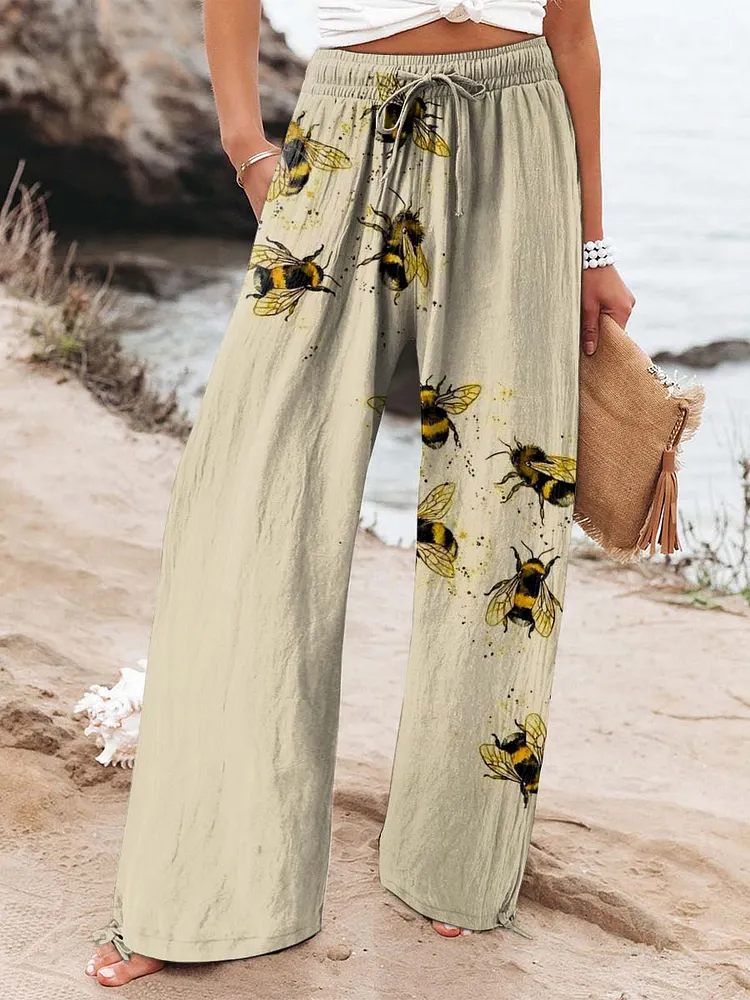 Women's Lovely Bees Art Printed Cotton And Linen Casual Pants