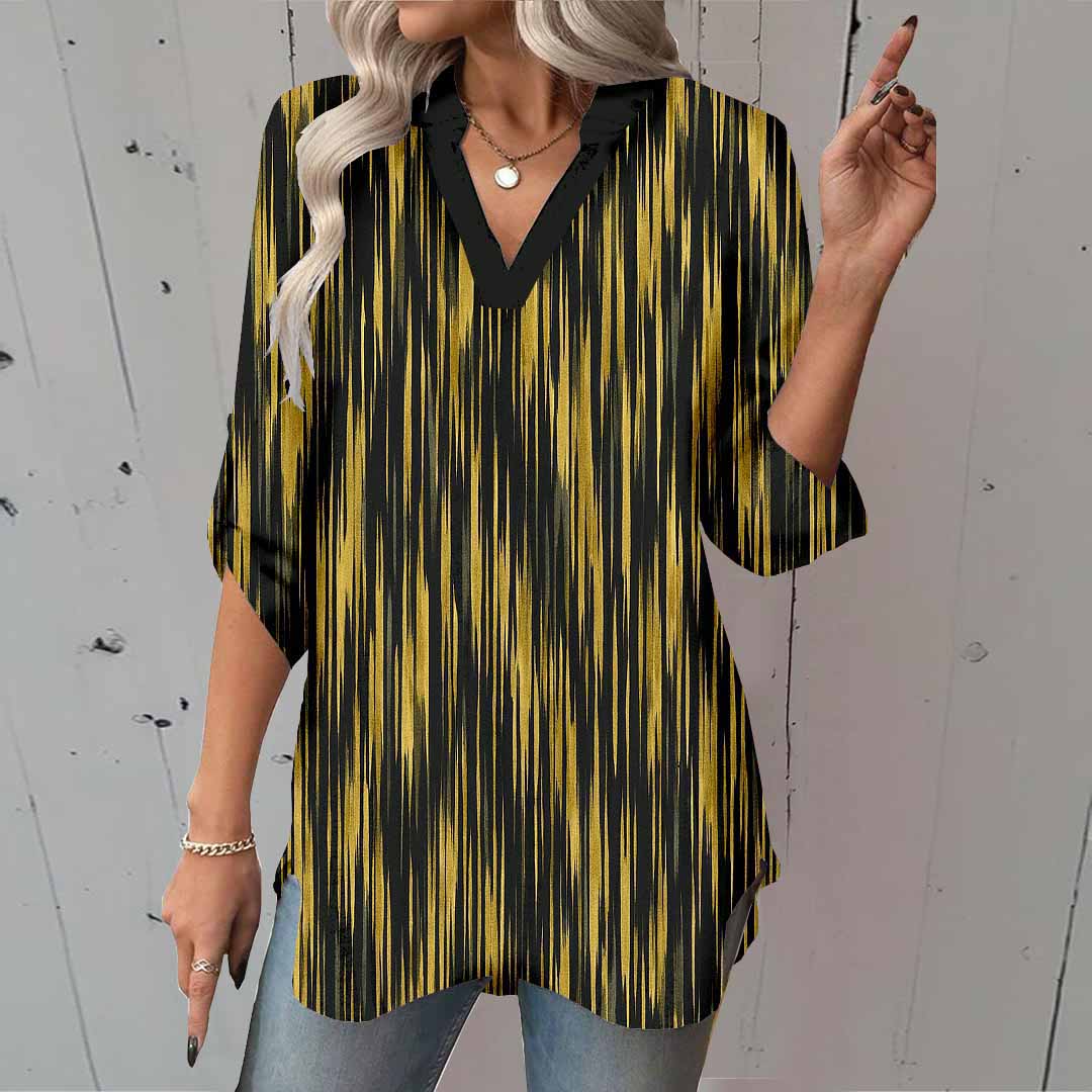 Women Black, Stripes, Gold DZGA0389 3/4 Sleeve V-neck Printed Graphic Button Tops