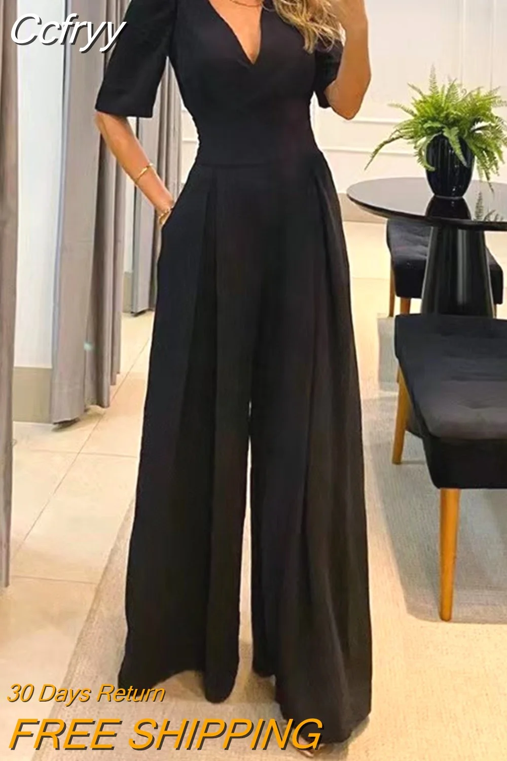 Huibahe Women Jumpsuit Puff Short Sleeve V Neck Backless Nipped Waist Loose Wide Legs Casual Pants Romper High Streetwear