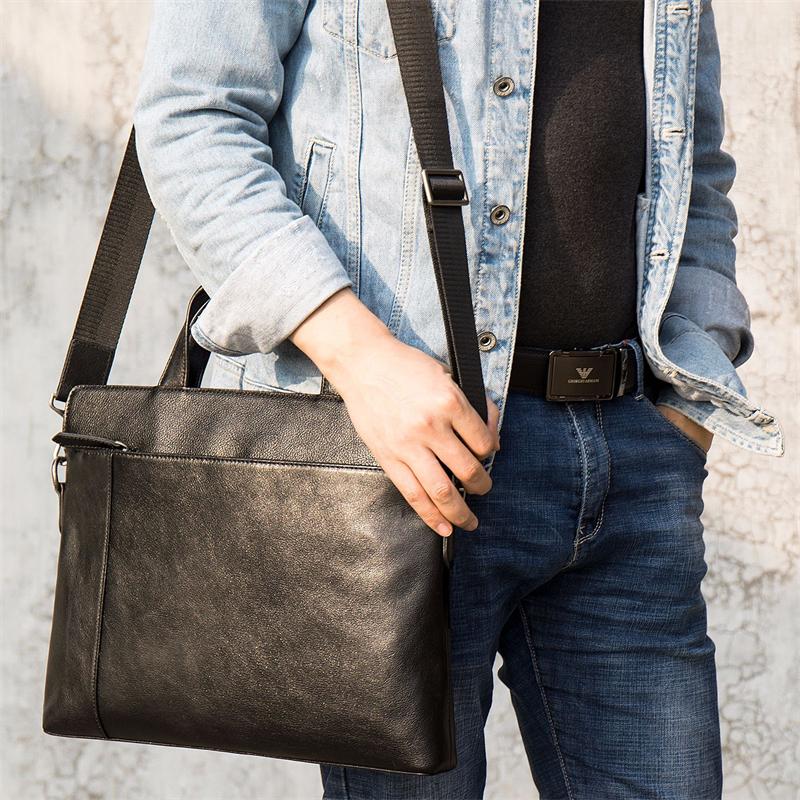 Men's Genuine Leather Casual Business Handbag Solid Color Crossbody Bag