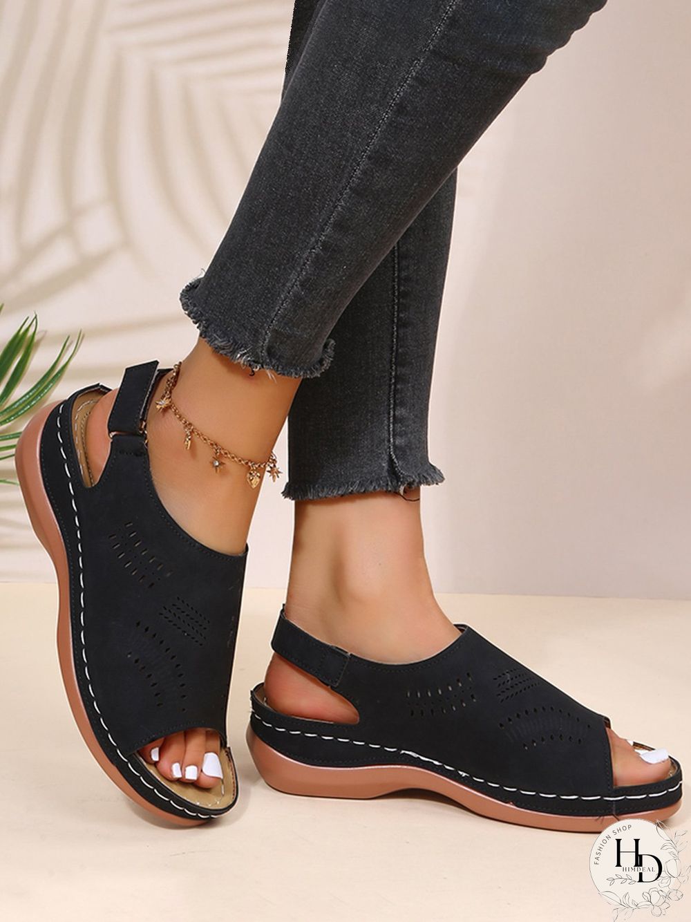Cutout Velcro Vintage Casual Velcro Wedge Sandals