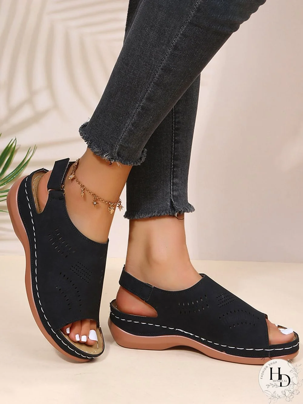 Cutout Velcro Vintage Casual Velcro Wedge Sandals