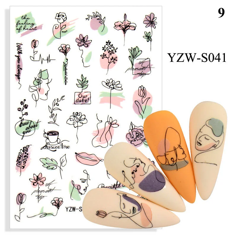 1 Sheet Human Face Nail Stickers And Decals 2021 Nail Art Decorations Set Geometric Pattern Dried Flowers Sliders For Nails Art