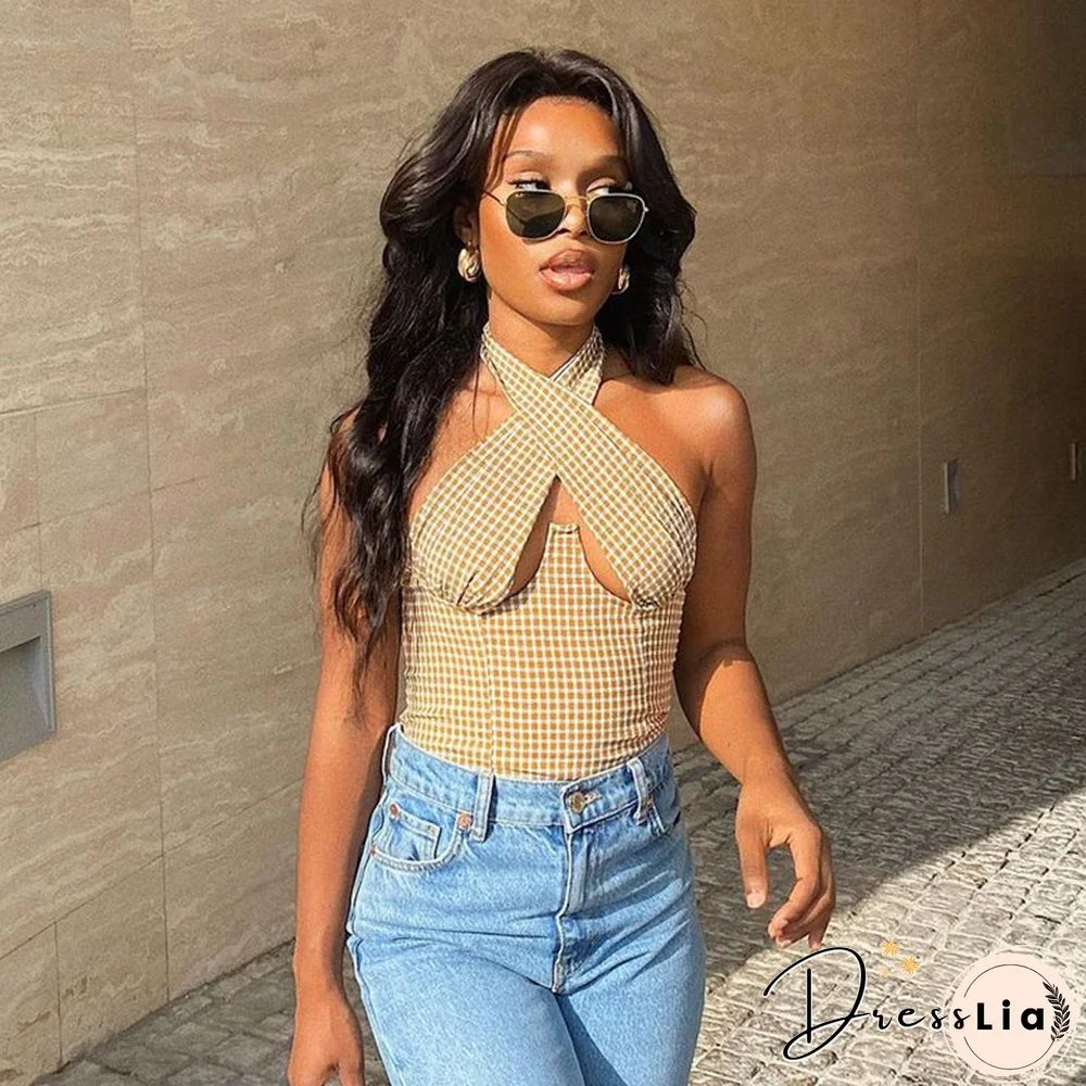 Plaid Women Halter Hollow Out Backless Bodycon Sexy Sweet Elegant Streetwear Autumn Winter Club Corset Top Bustier