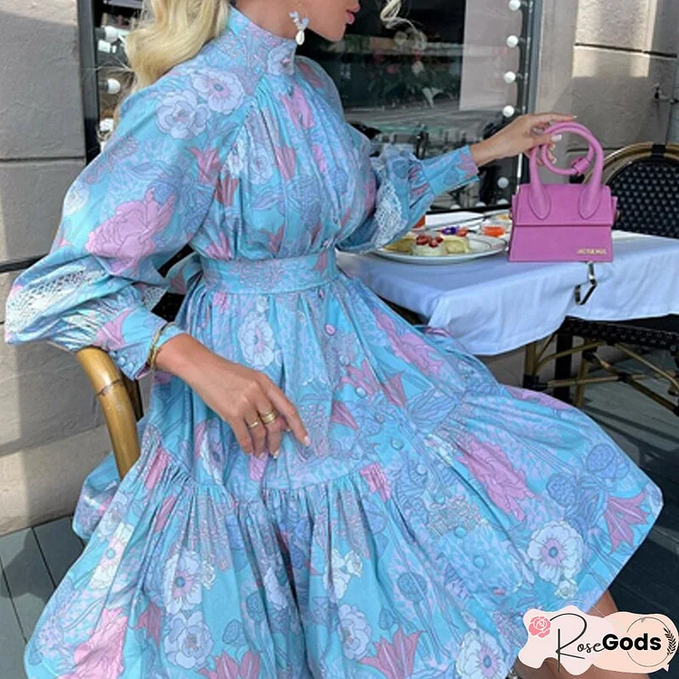 Casual Lantern Long Sleeve Waist A-Line Dress Women Fashion Turtleneck Button Loose Party Dress Elegant Flower Print Cover Up