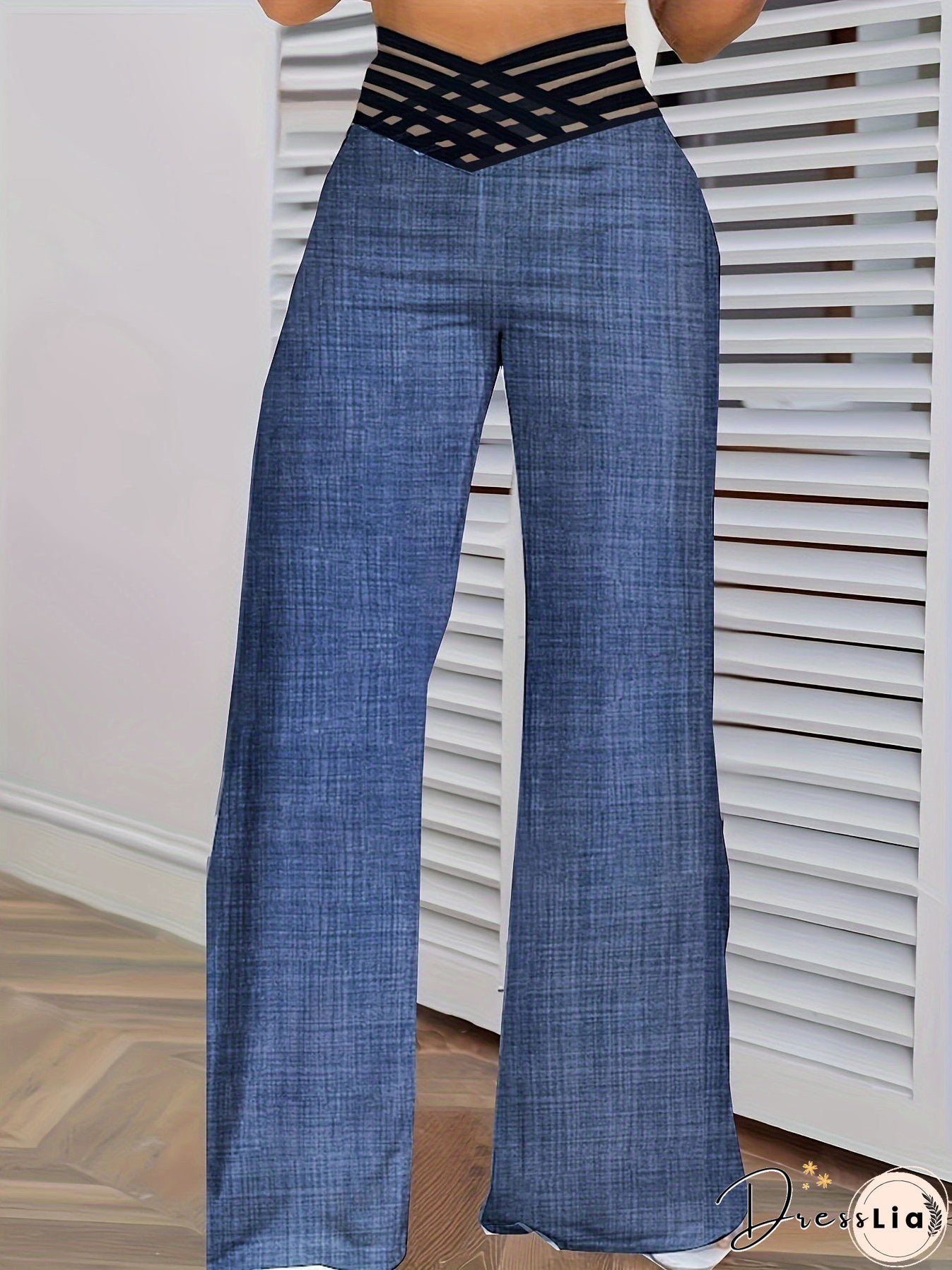 Cross Waist Wide Leg Pants, Casual Loose Mesh Stitching Pants, Women's Clothing