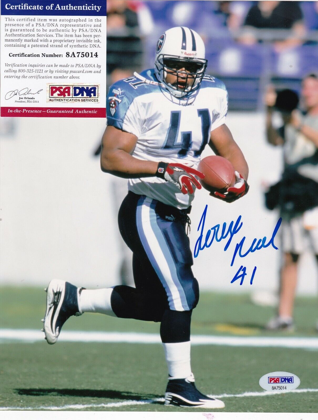 LORENZO NEAL TENNESSEE TITANS PSA AUTHENTICATED ACTION SIGNED 8x10