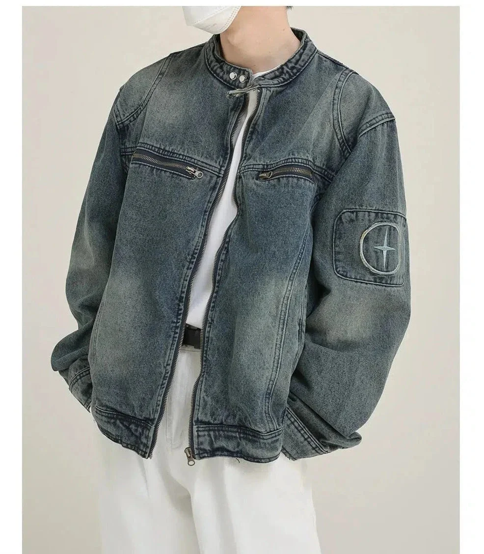 Aonga Zip Washed Stand Collar Denim Jacket