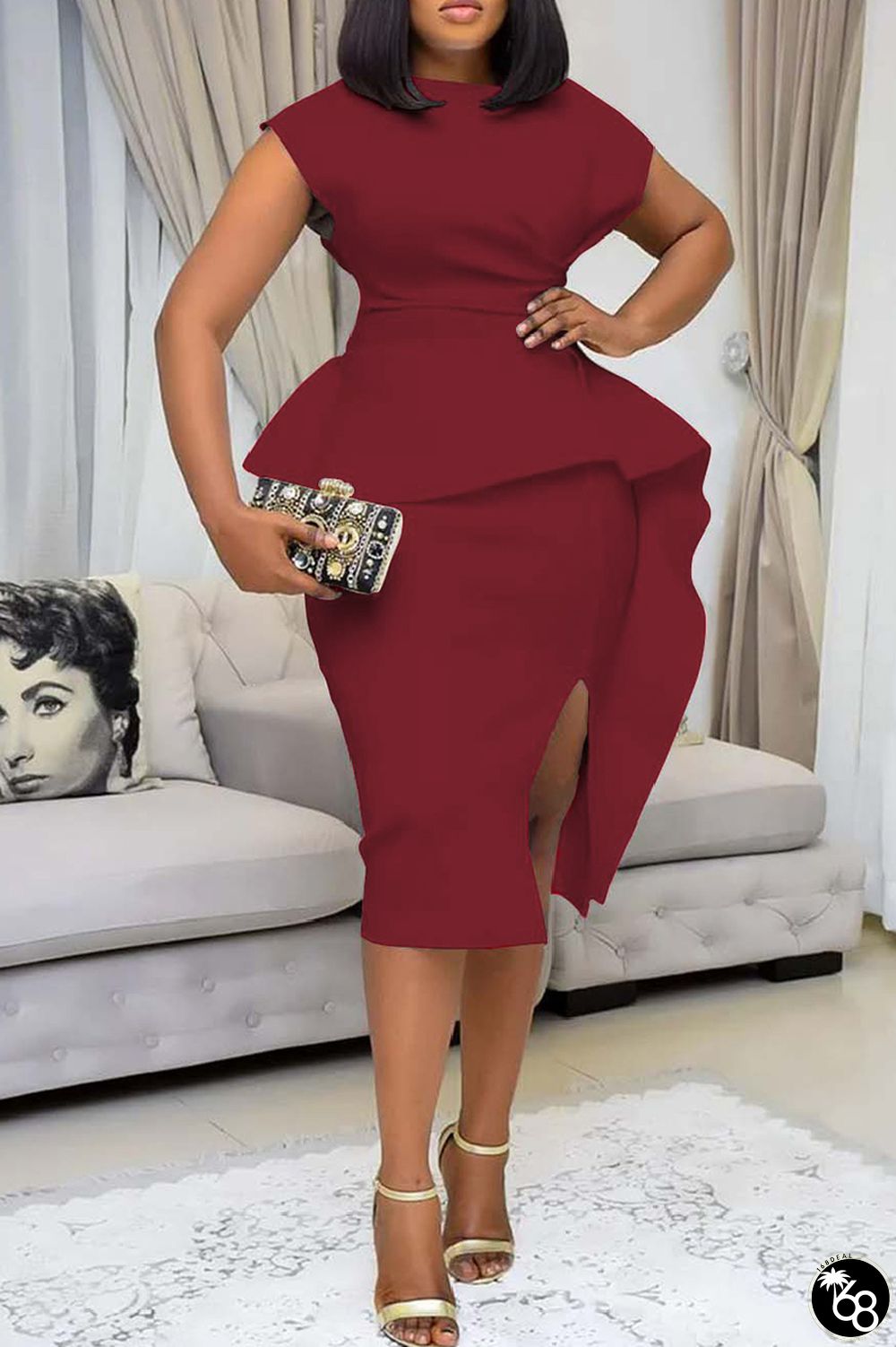 Burgundy Casual Solid Backless Flounce Slit O Neck One Step Skirt Dresses | 168DEAL