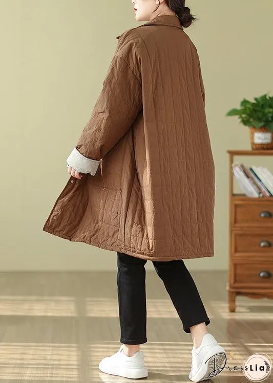 Plus Size Coffee Peter Pan Collar Pockets Fine Cotton Filled Coat Winter