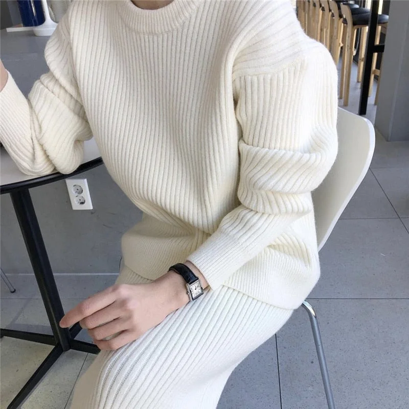 High Quality Winter Women's Costume Knitting Skirt Suit Long Sleeve Sweater + Slim Skirt Two-Piece Set
