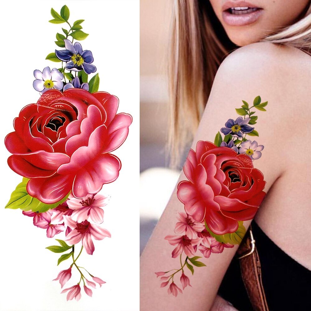 Gingf Peony Temporary Tattoos For Women Men Children Realistic Rose Flower Lily Dahlia Tattoo Fake Sticker Water Transfer Tatoos