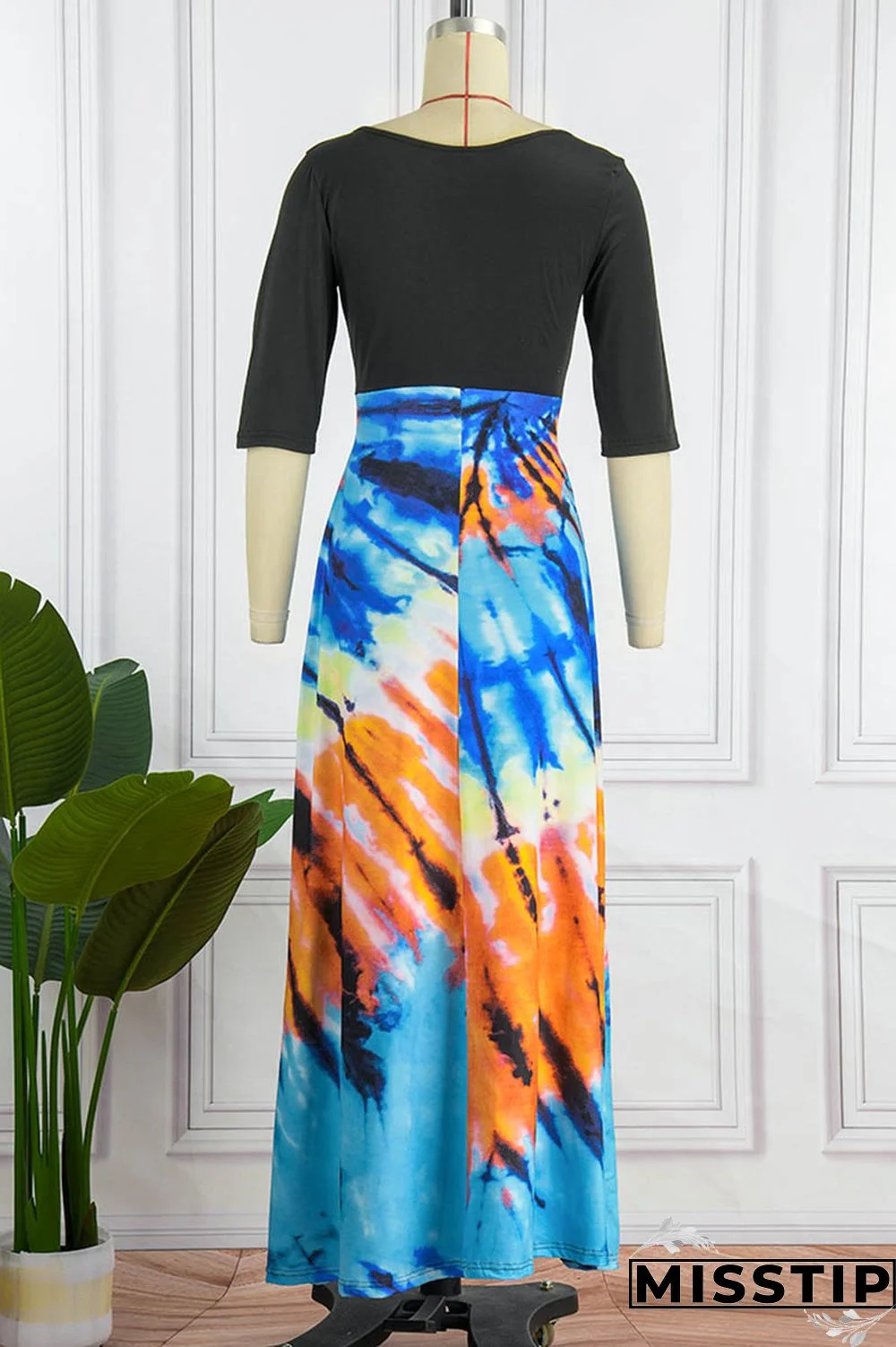 Blue Black Casual Patchwork Tie-dye O Neck Dresses