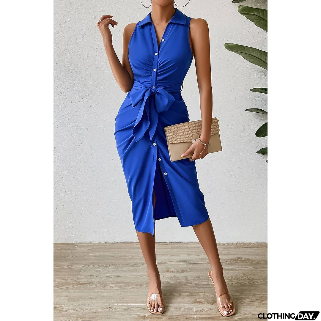 Button V Neck Sleeveless Belt Wrap Dress