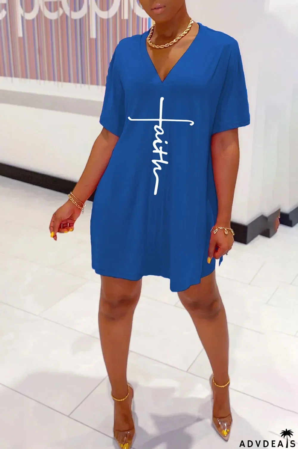 Tangerine Red Casual Print Split Joint V Neck Short Sleeve Two Pieces