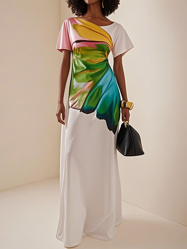 Loose Short Sleeves Flower Print Round-Neck Maxi Dresses
