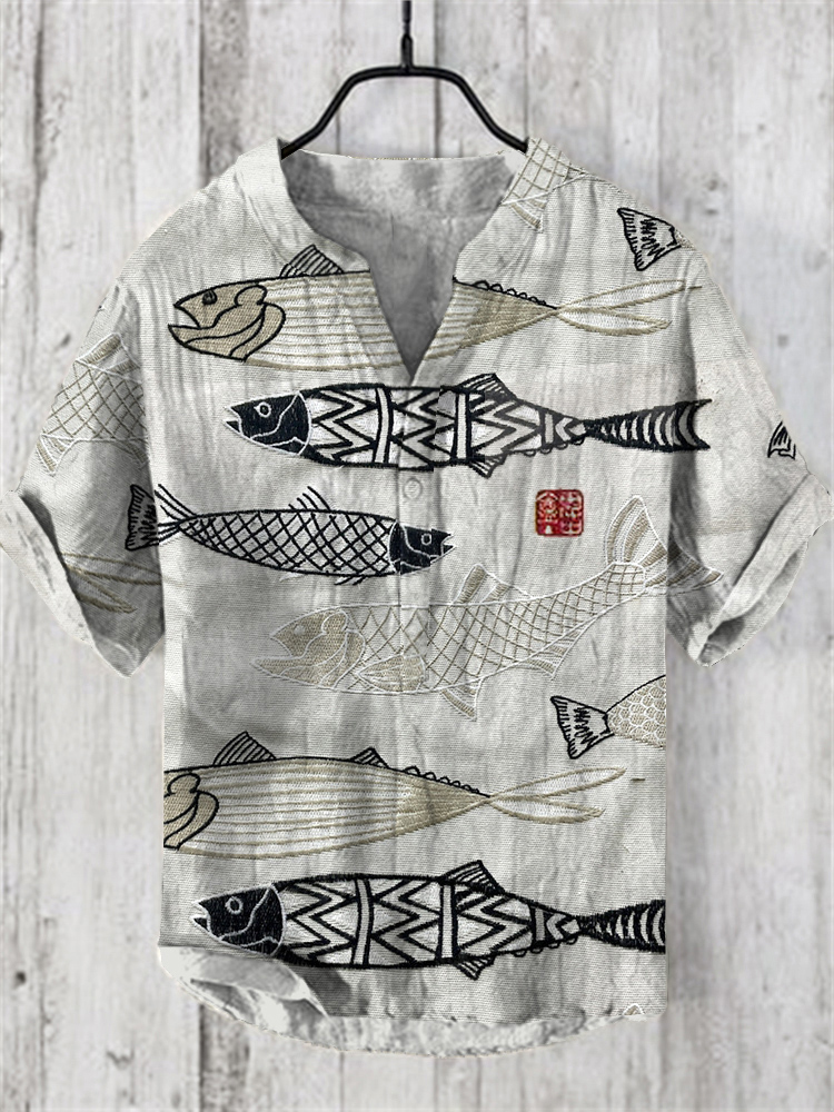 Comstylish Vintage Fish Japanese Embroidery Art Cozy Vintage Cotton Linen Shirt