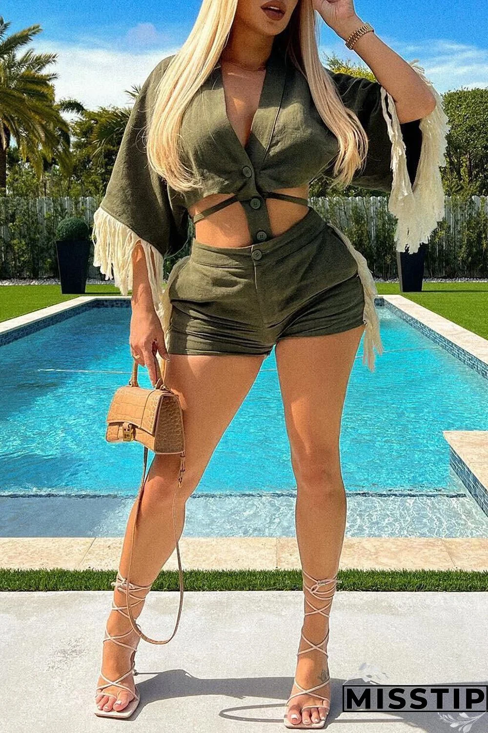 Ink Green Casual Solid Tassel Patchwork V Neck Half Sleeve Two Pieces