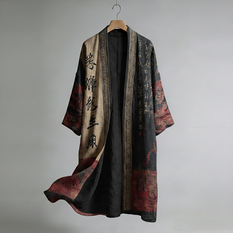 Retro Japanese Calligraphy And Dragon Art Pattern Casual Linen Blend  Kimono  artssus
