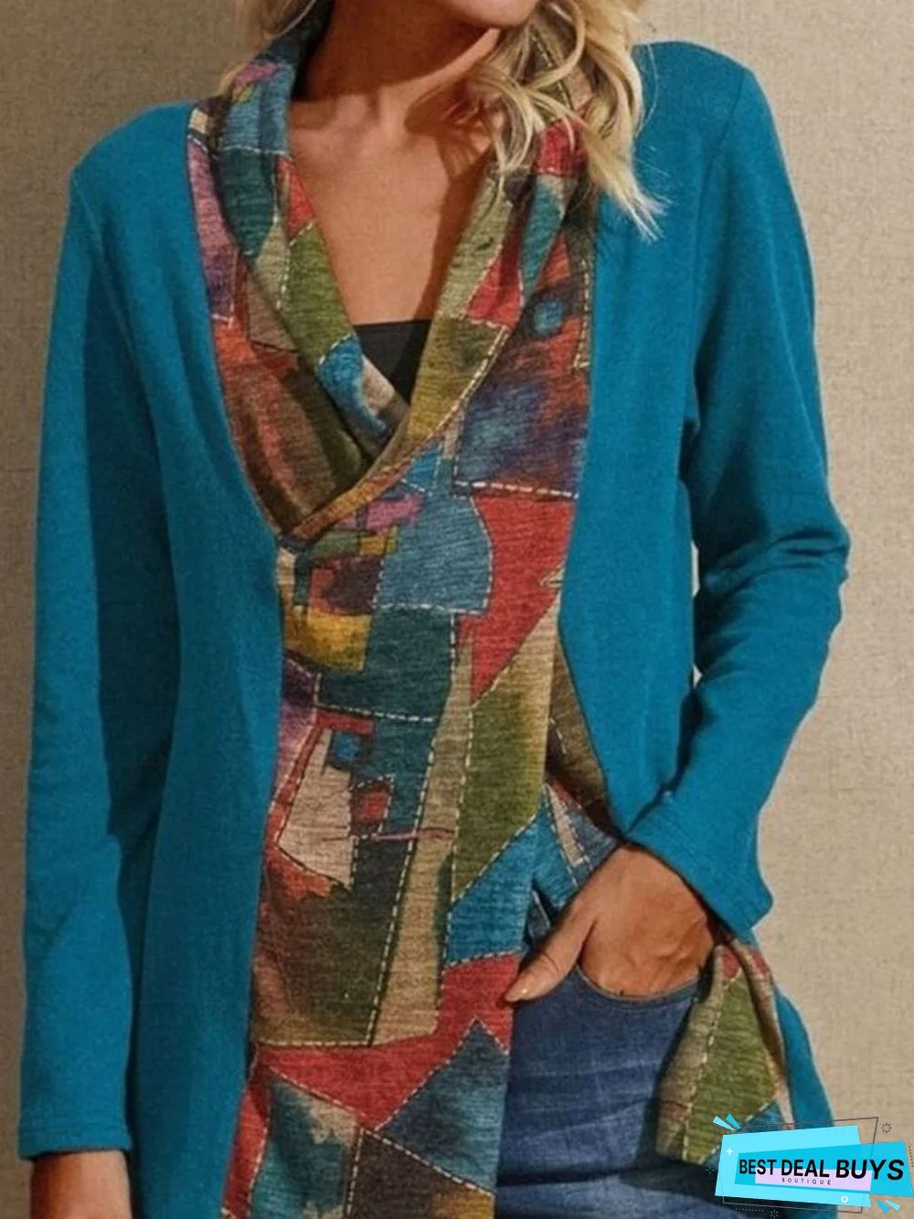 Cotton-Blend Casual Printed Long Sleeve Tunic Top