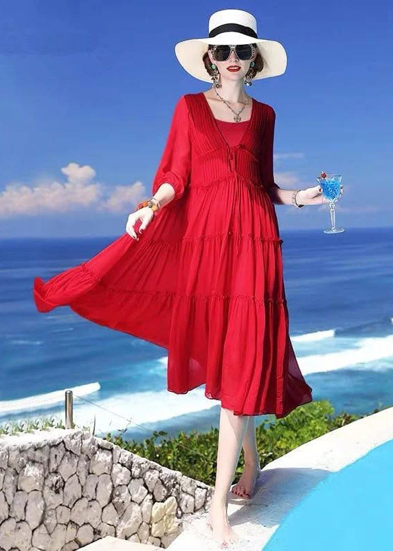 Chic Red Patchwork Silk Two Pieces Set Beach Holiday Dress Summer