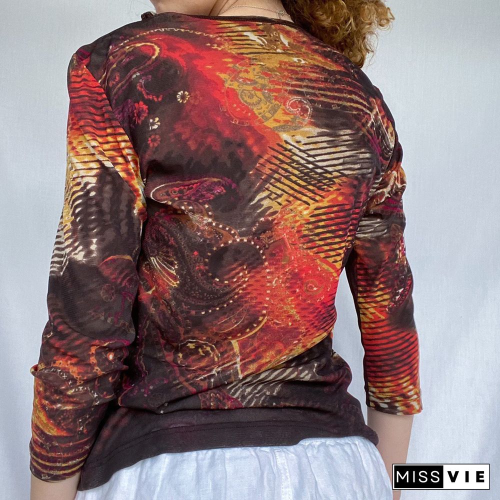 Y2K Autumn Womens Vintage Slim Round-neck Stitch Cropped Tops Ladies Retro Printed Long