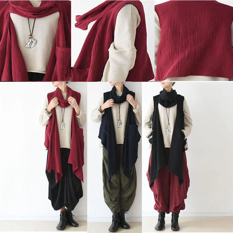 2021 fall winter  scarf vest red linen tops original design linen outfits