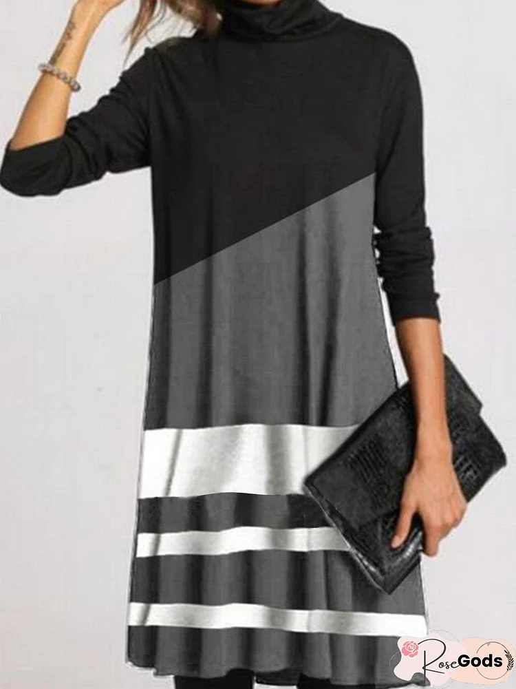 High Neck Loosen Color Block Knitting Dress