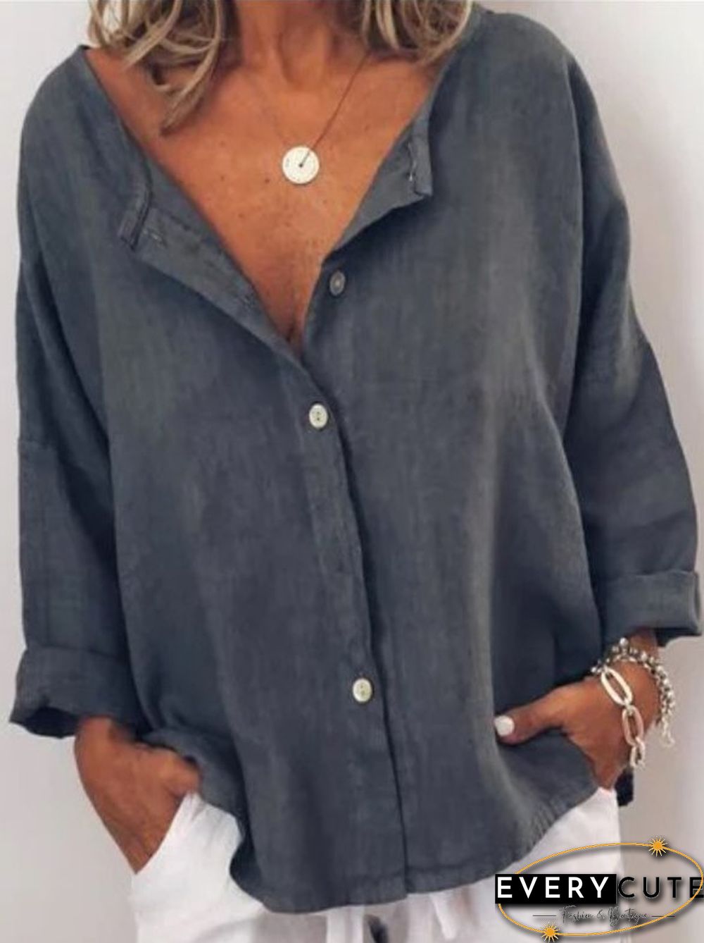 Casual Solid Buttons V Neck Tops