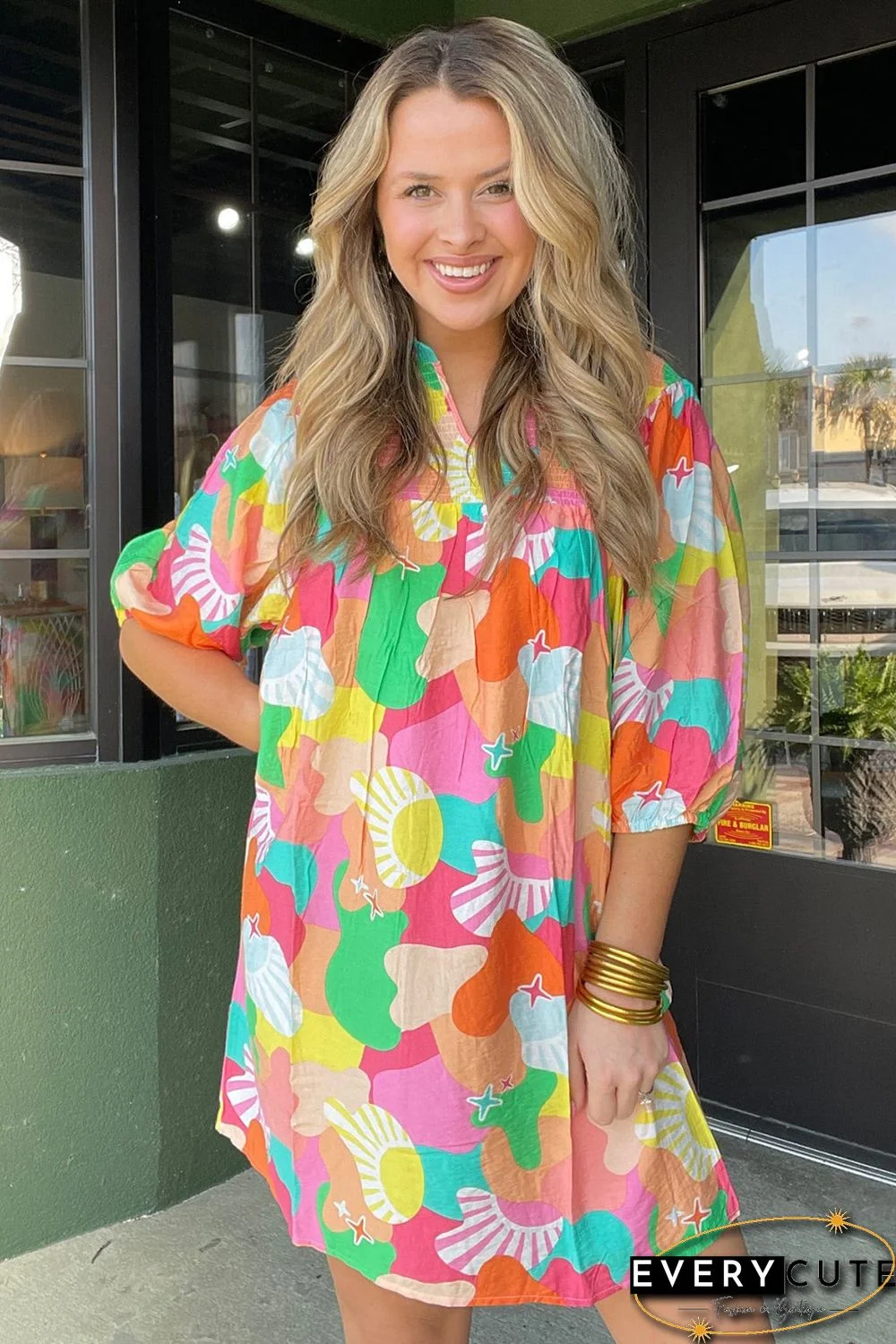 Multicolor Abstract Print Notch V Neck Puff Sleeve Dress