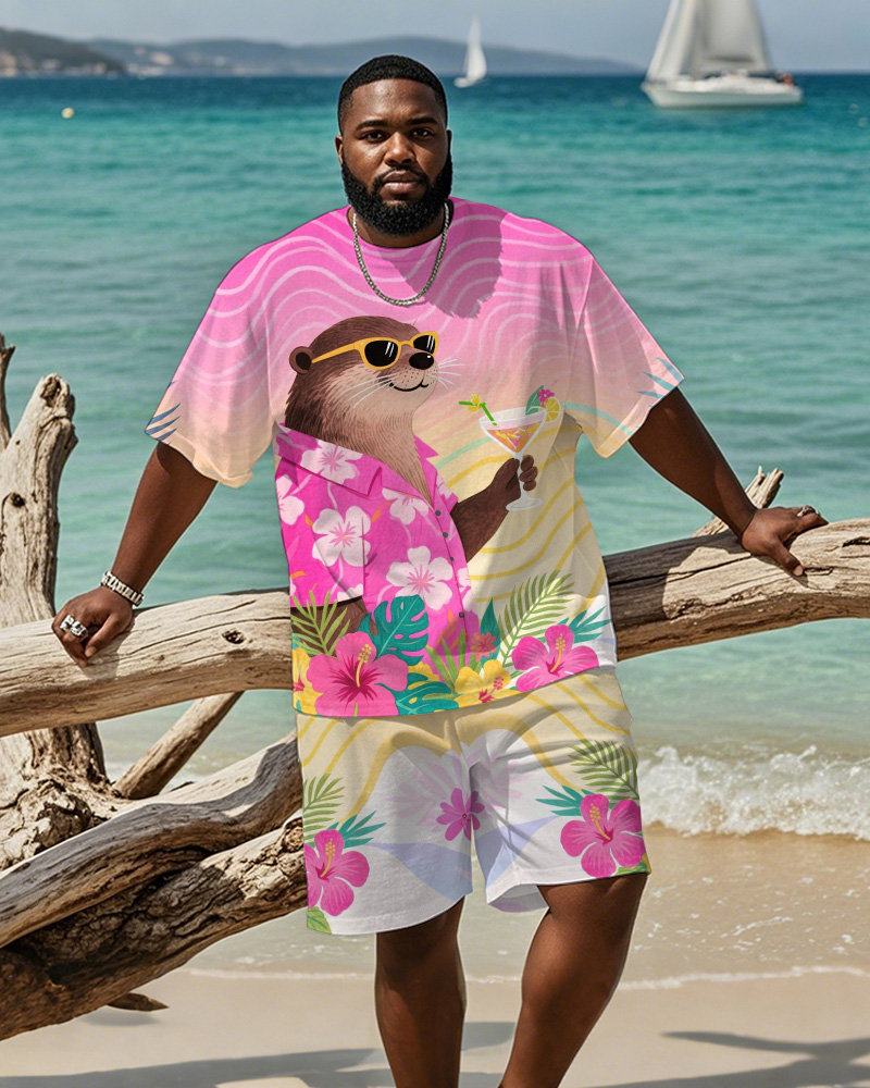 Men's Plus Size Hawaiian Pink Otter Drinking Cocktail Print Short Sleeve T-Shirt Shorts Suit