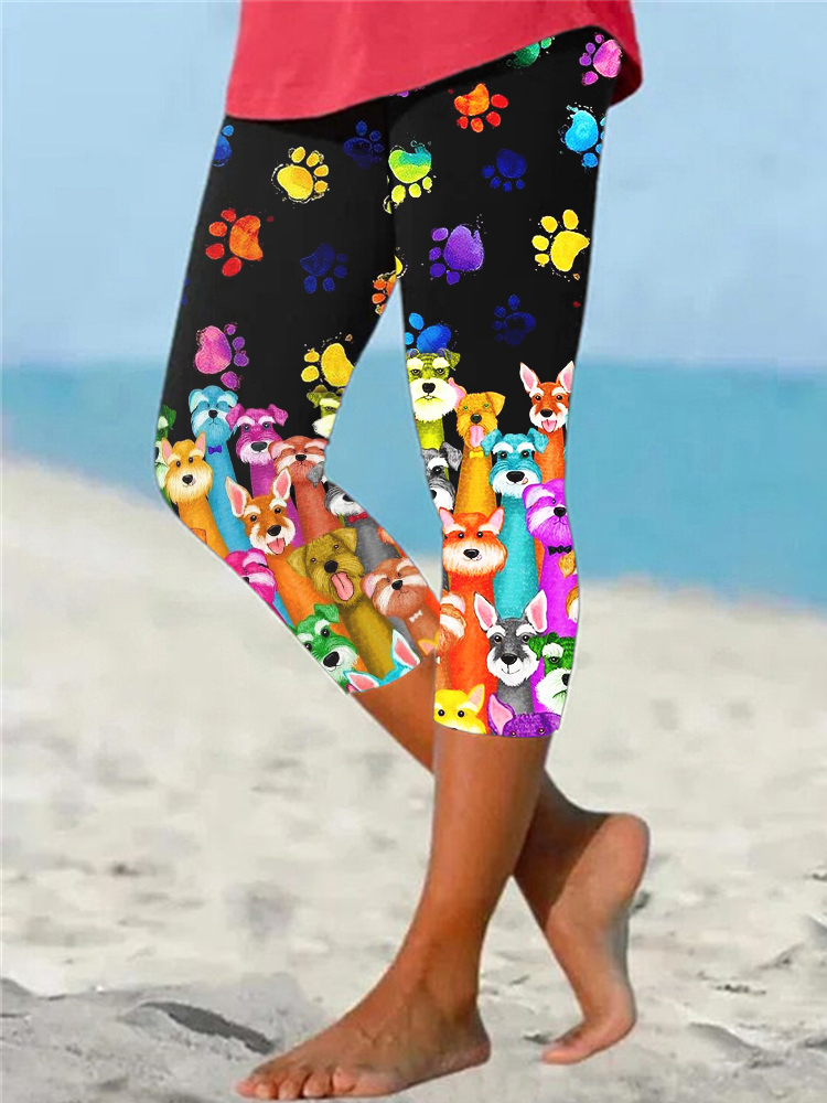 Colorful Dogs & Paw Prints Comfy Cropped Leggings wearshes