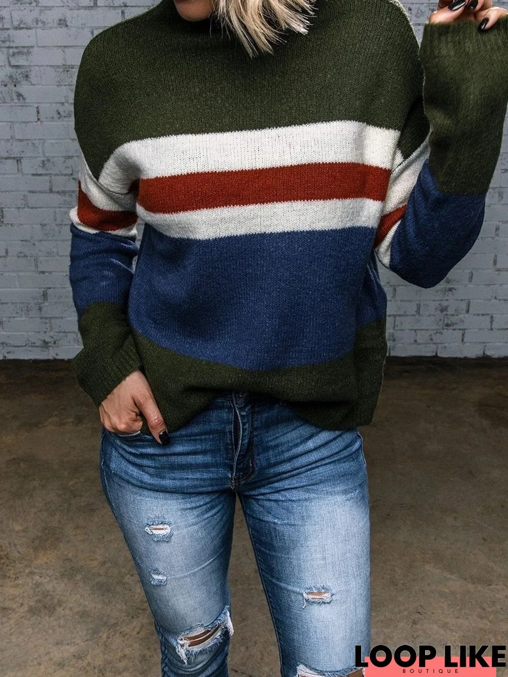 Color-Block Crew Neck Long Sleeve Sweater