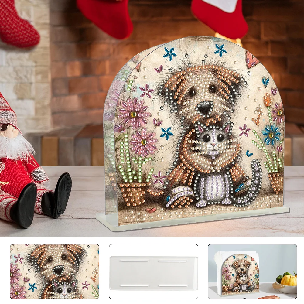 DIY Acrylic Cats Dogs Diamond Painting Paper Towel Holder for Home Art Crafts