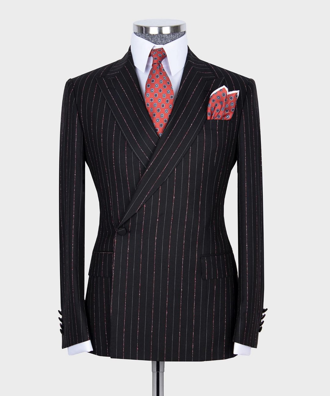 Men's black and burgundy pinstripe single button double breasted 2pcs suit.