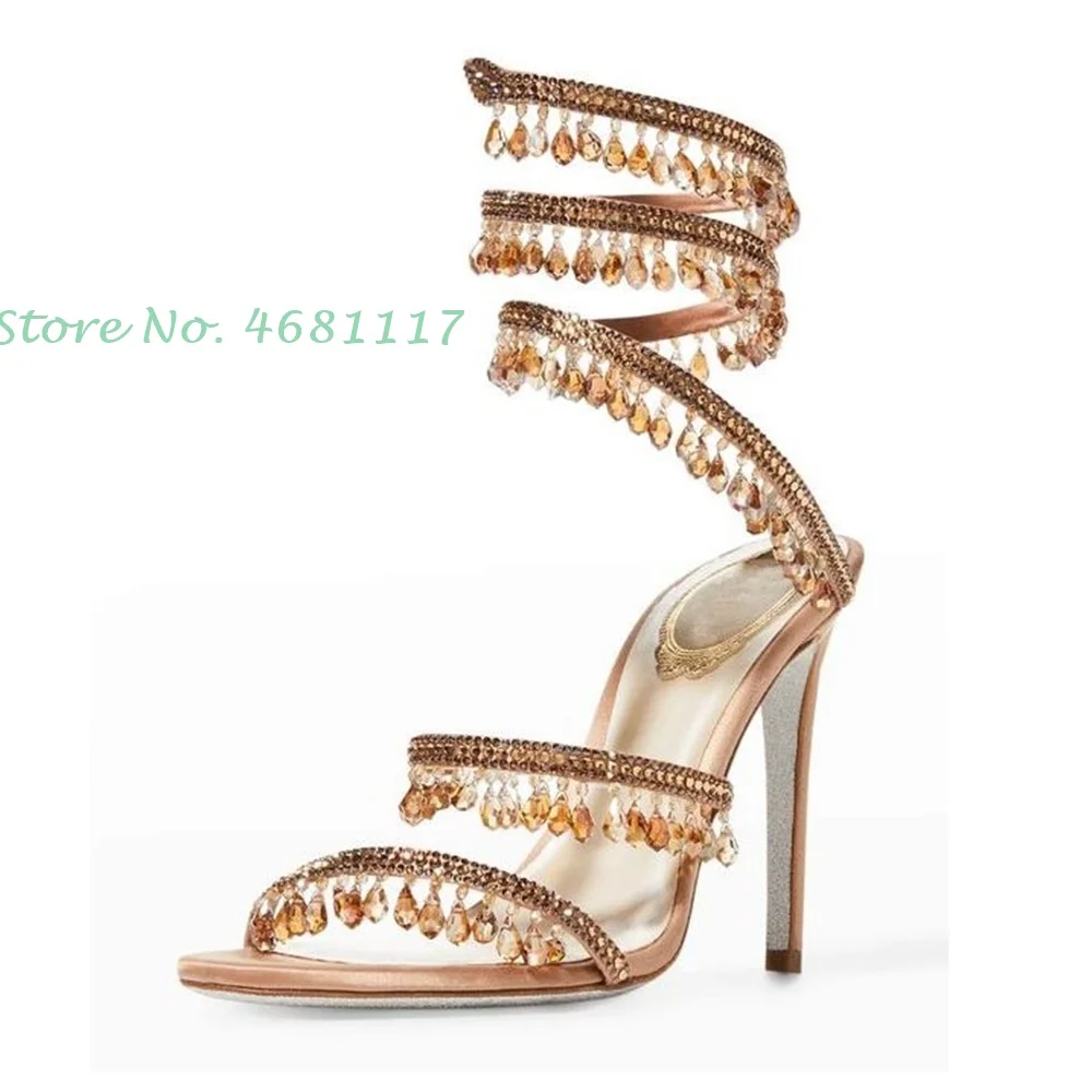 Cross Strap Crystal Pendant Sandals With Heel Women Newest Open Toe Bling Sandals Bare Heels Thin Heels Casaul Summer Sandals