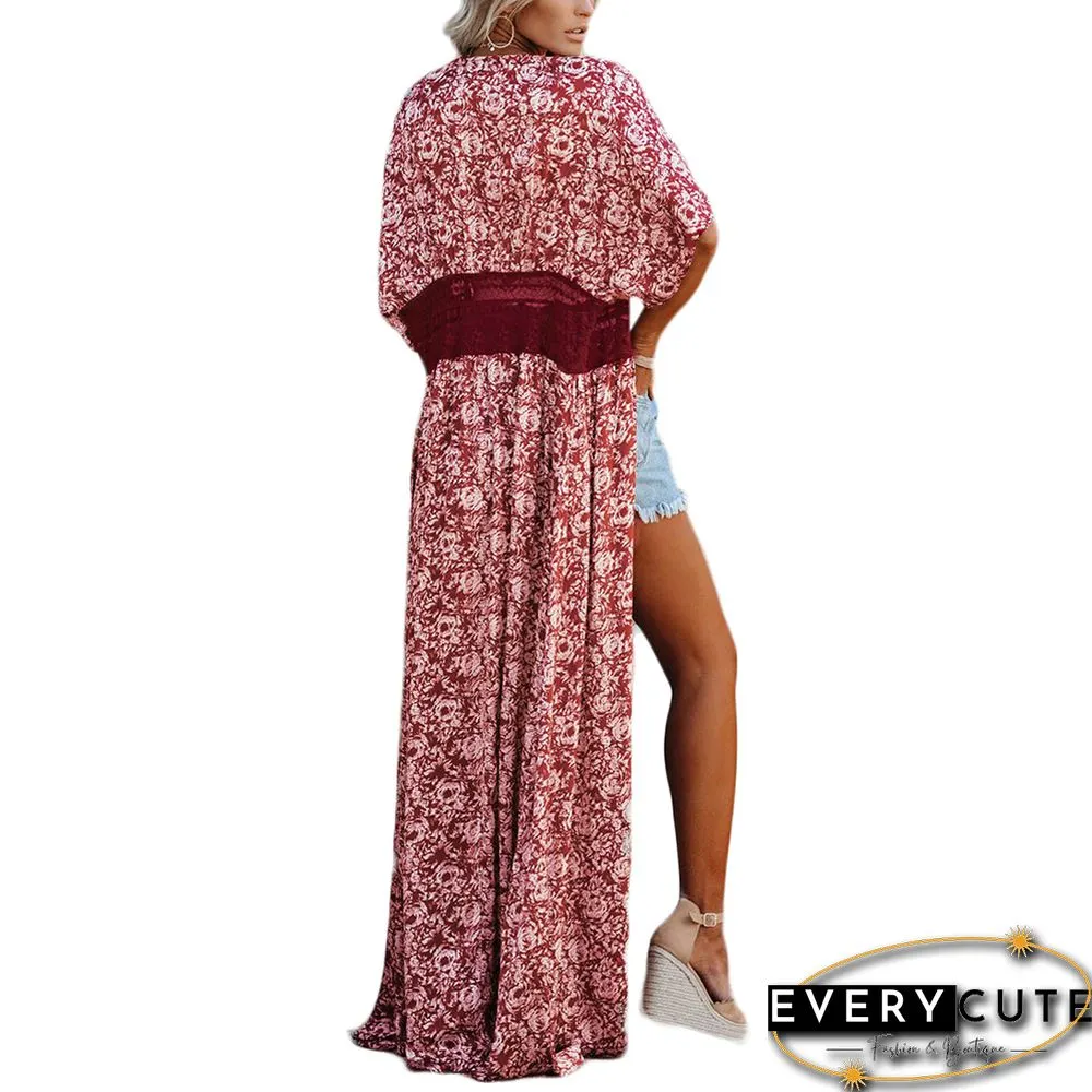 Rust Red Chiffon & Lack Long Kimono Beach Cover