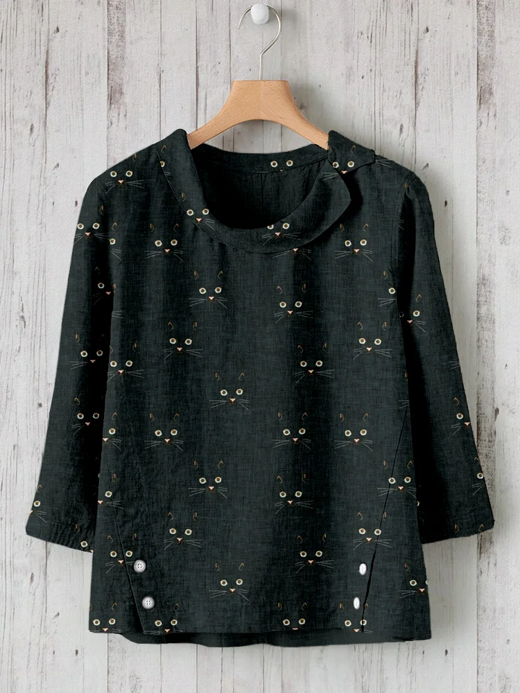 Cute Cat Face Pattern Linen Blend Cozy Tunic