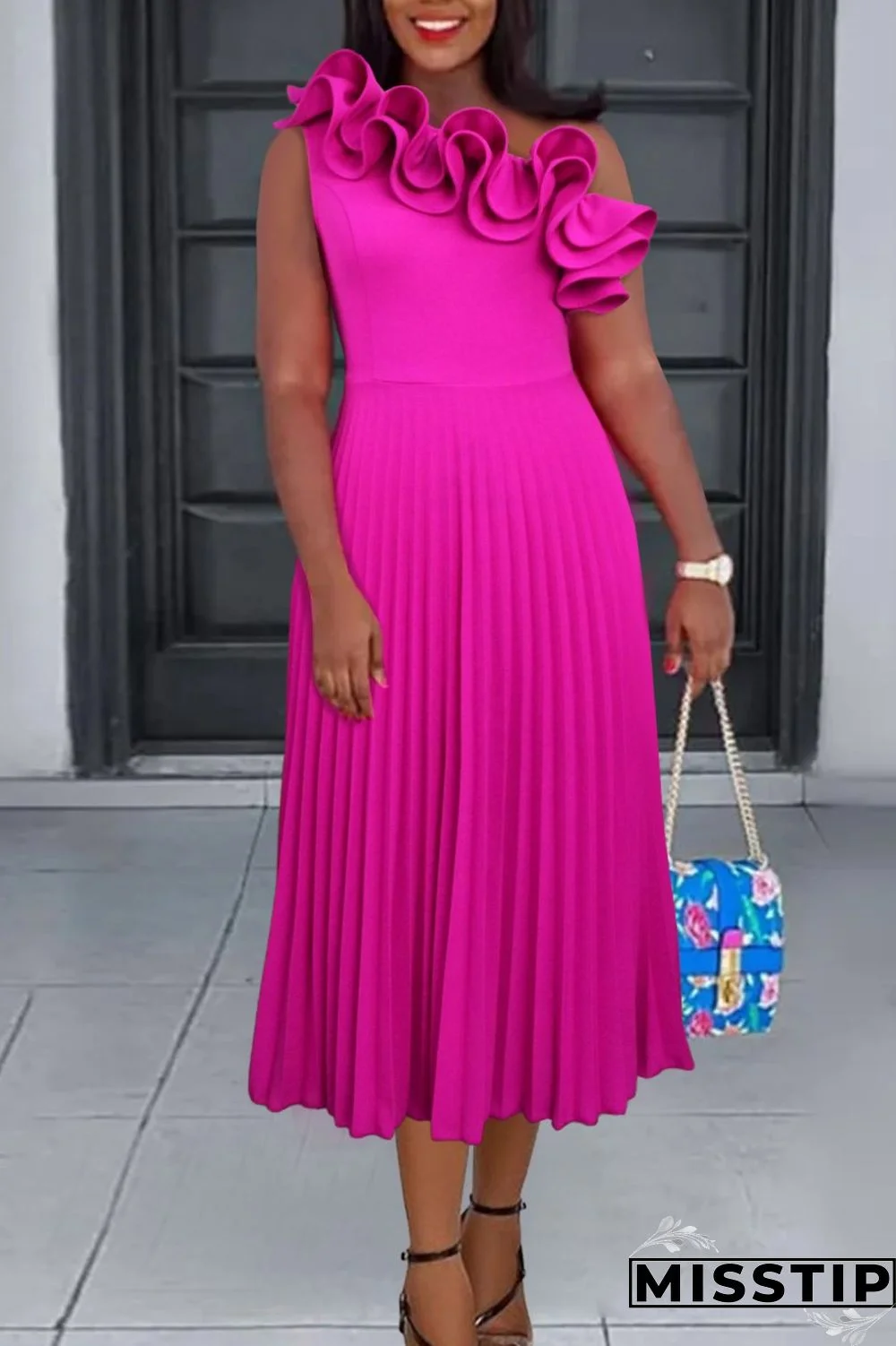 Rose Red Casual Solid Patchwork Oblique Collar Pleated Dresses