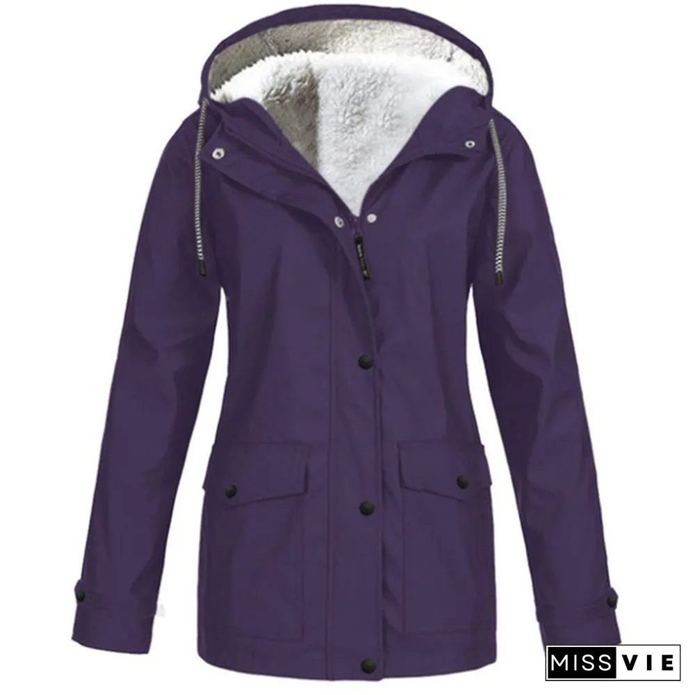 Womens Fashion All Seasons Outdoor Waterproof Rain Jacket Casual Loose Plus Size Hooded