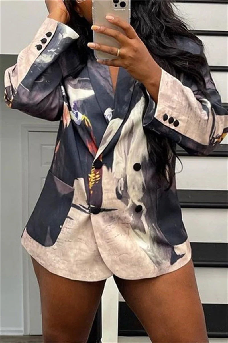 Fashion Casual Print Cardigan Turn-back Collar Outerwear