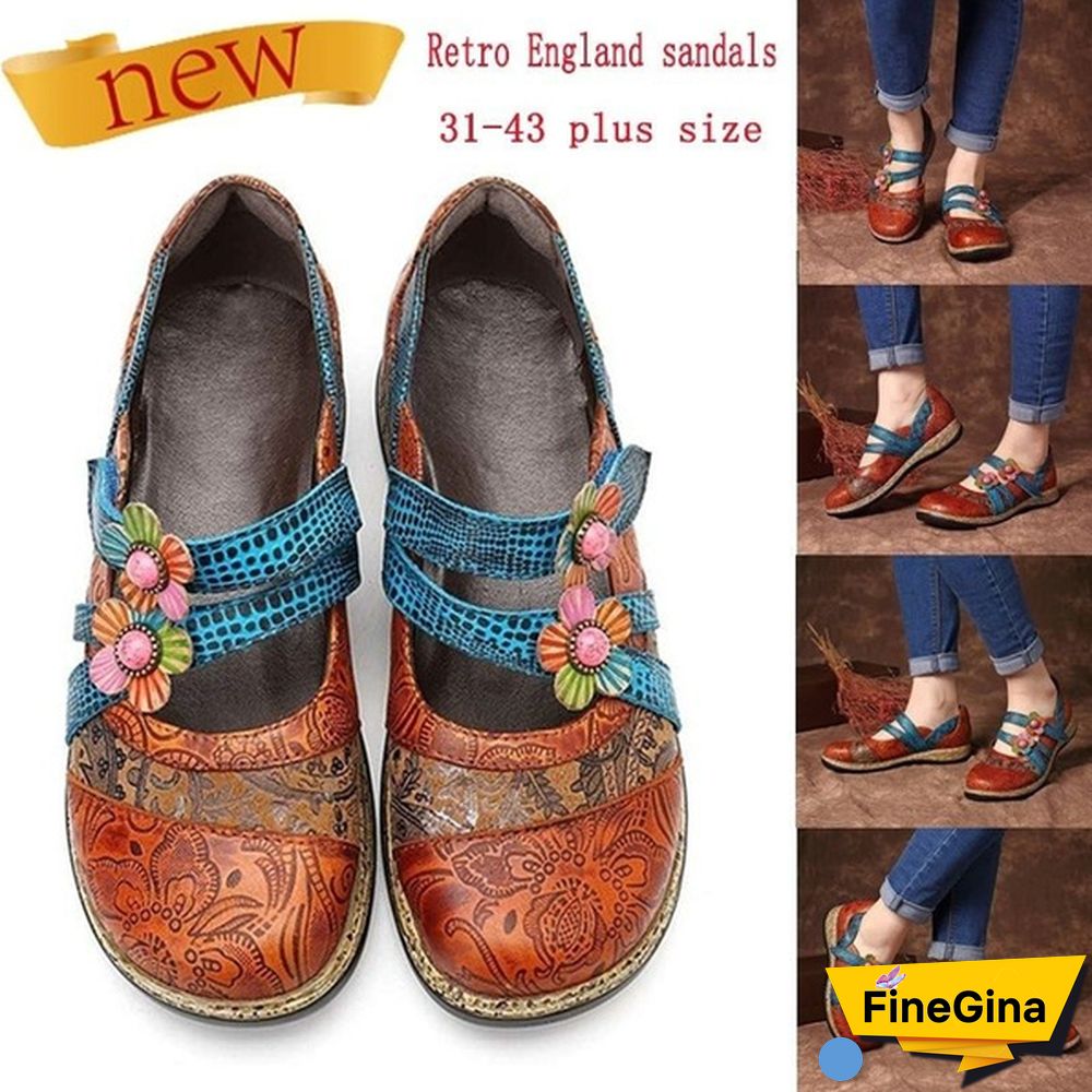 Vintage Floral Genuine Leather Splicing Colored Stitching Hook Loop Flat Shoes Spring Summer Casual Women Flat Shoes（2styles）