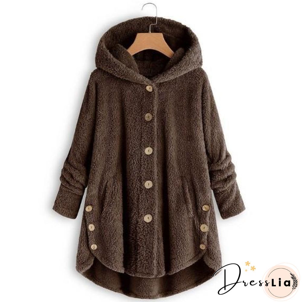 Button Solid Color Warm Coat With Hood