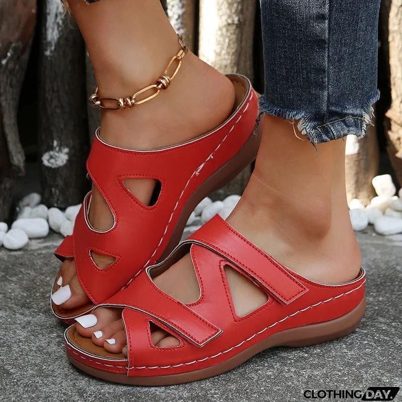 Summer Hollow Out Velcro Wedge Heel Casual Slippers for Women